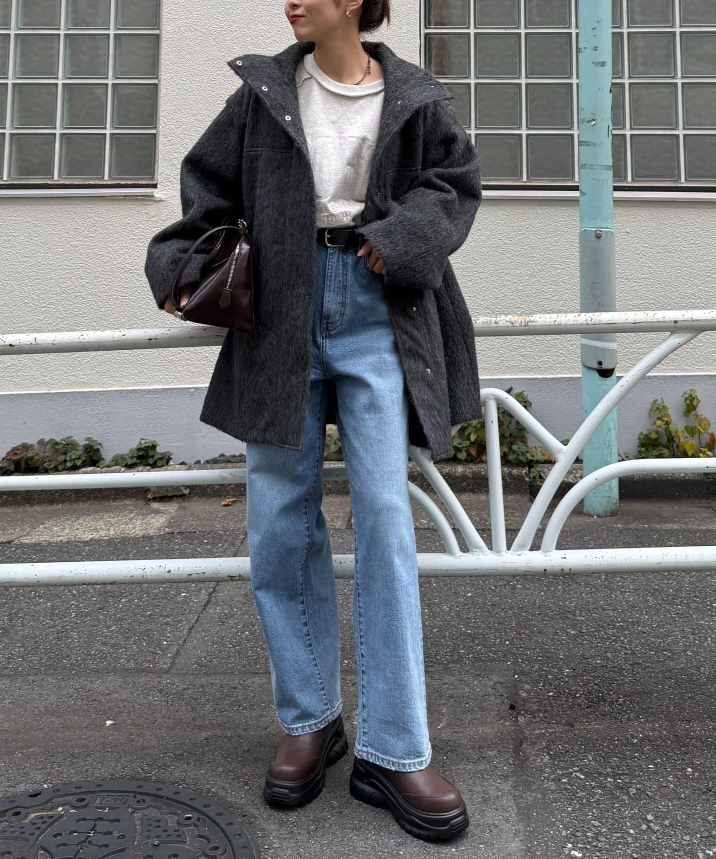 可拆卸毛絨袖立領中長款外套