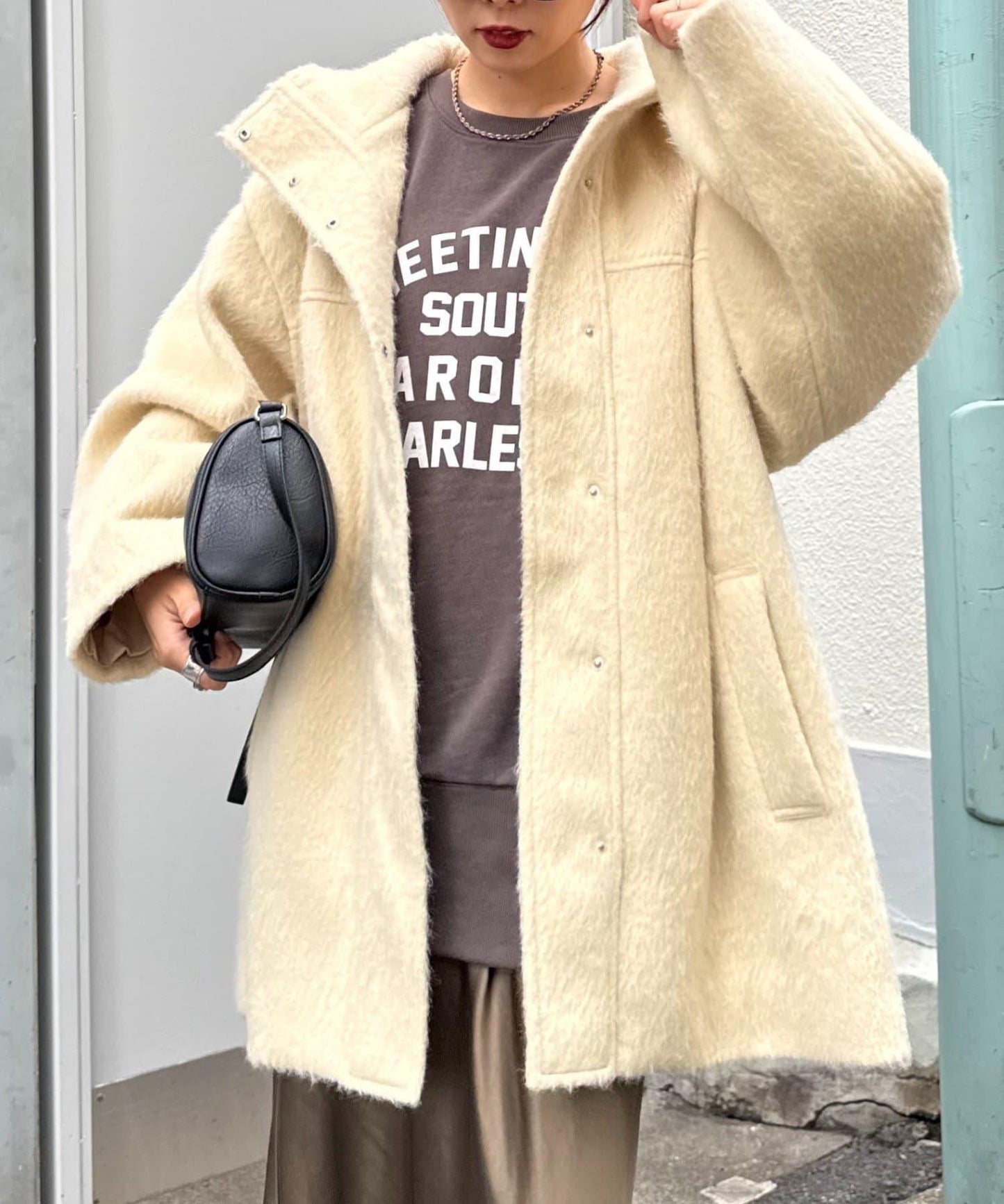 可拆卸毛絨袖立領中長款外套