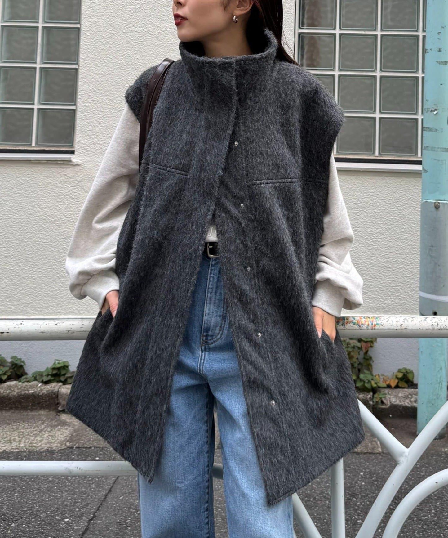 可拆卸毛絨袖立領中長款外套