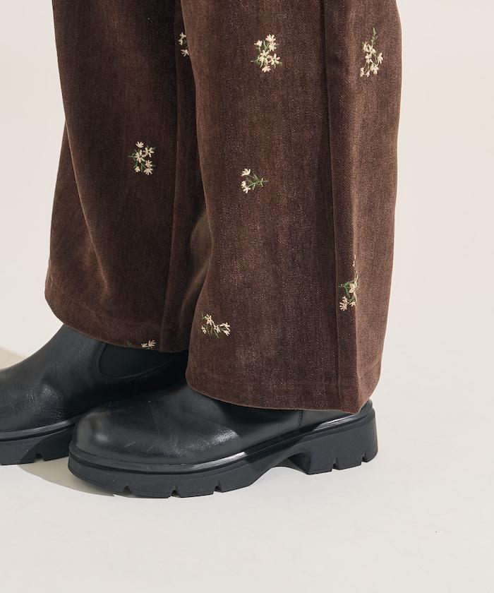 仿天鵝絨平紋燈芯絨小花圖案休閒褲<可搭配套裝>