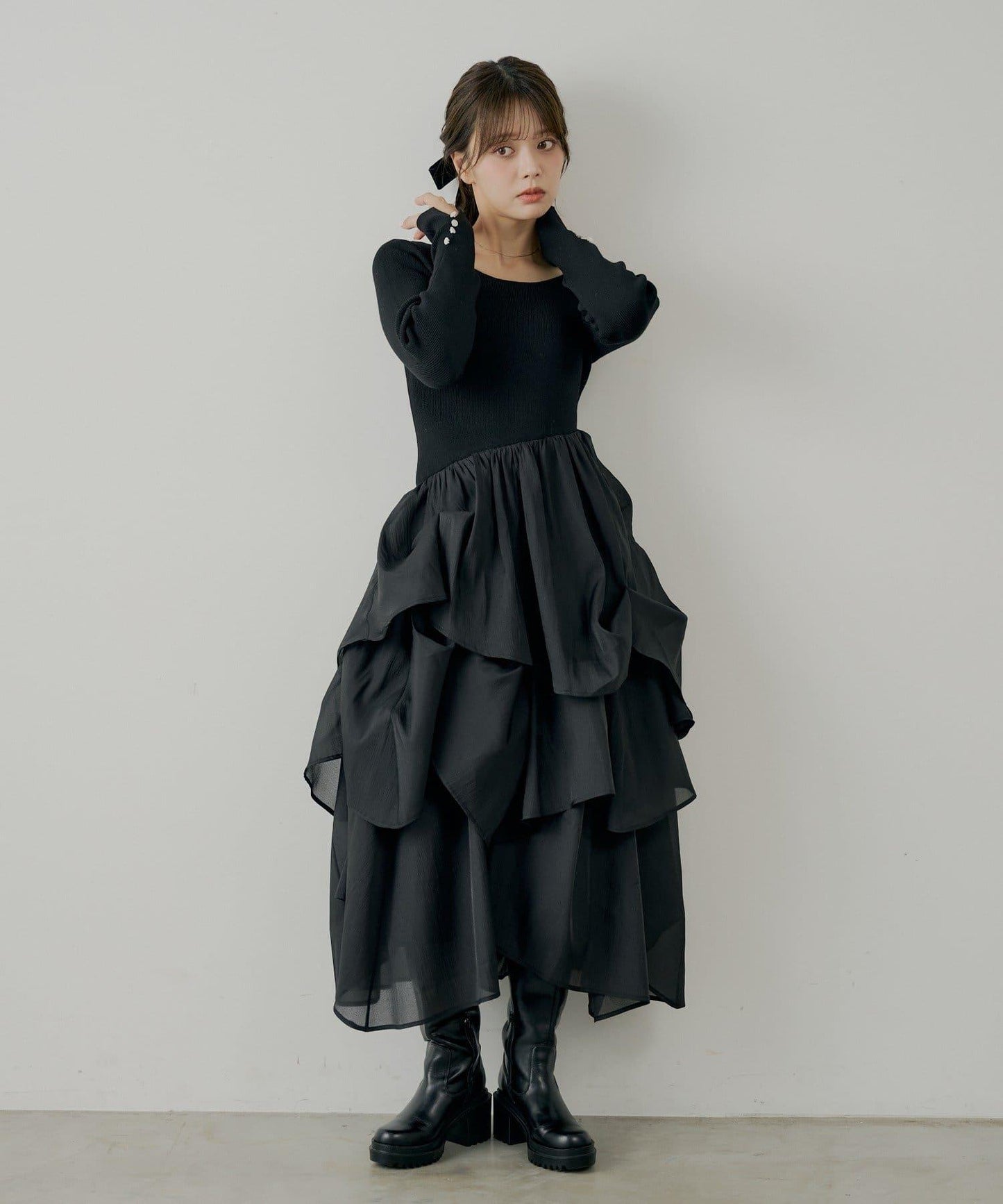 【SALON by Chico】褶皺網紗拼接長款連衣裙