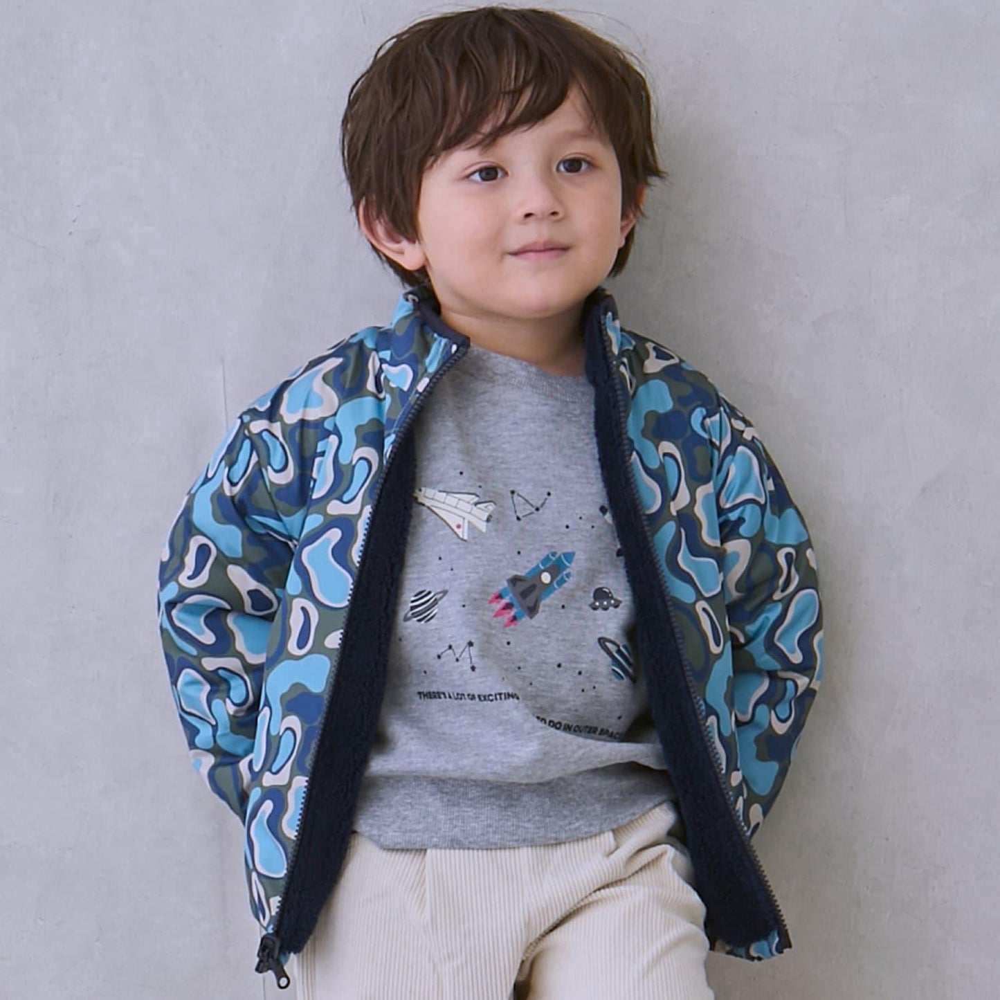 【防潑水加工】圖案×仿羊羔絨短夾克