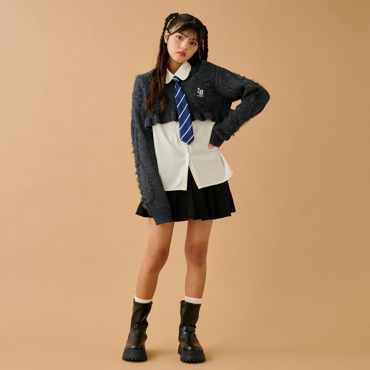 領帶襯衫短款針織套裝