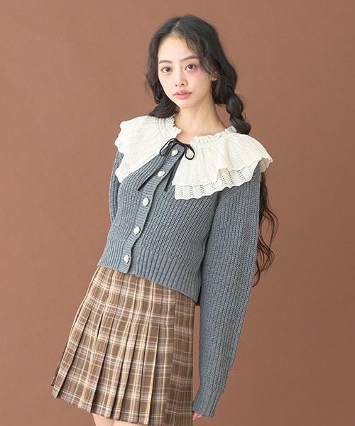 荷葉邊領珍珠扣開衫【韓國時尚】