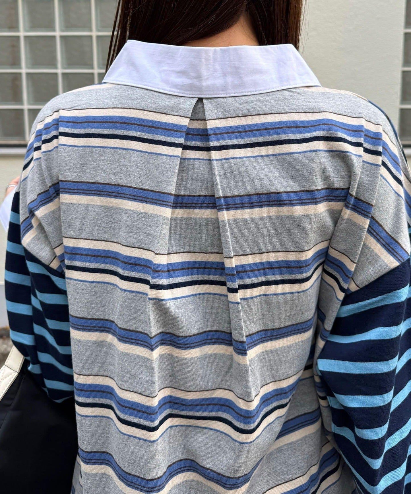 拼色條紋抽褶橄欖球衫
