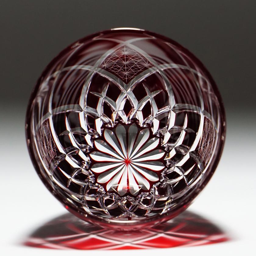 【ぐい呑】菊と矢来 -kiku yarai- (赤)|切子
