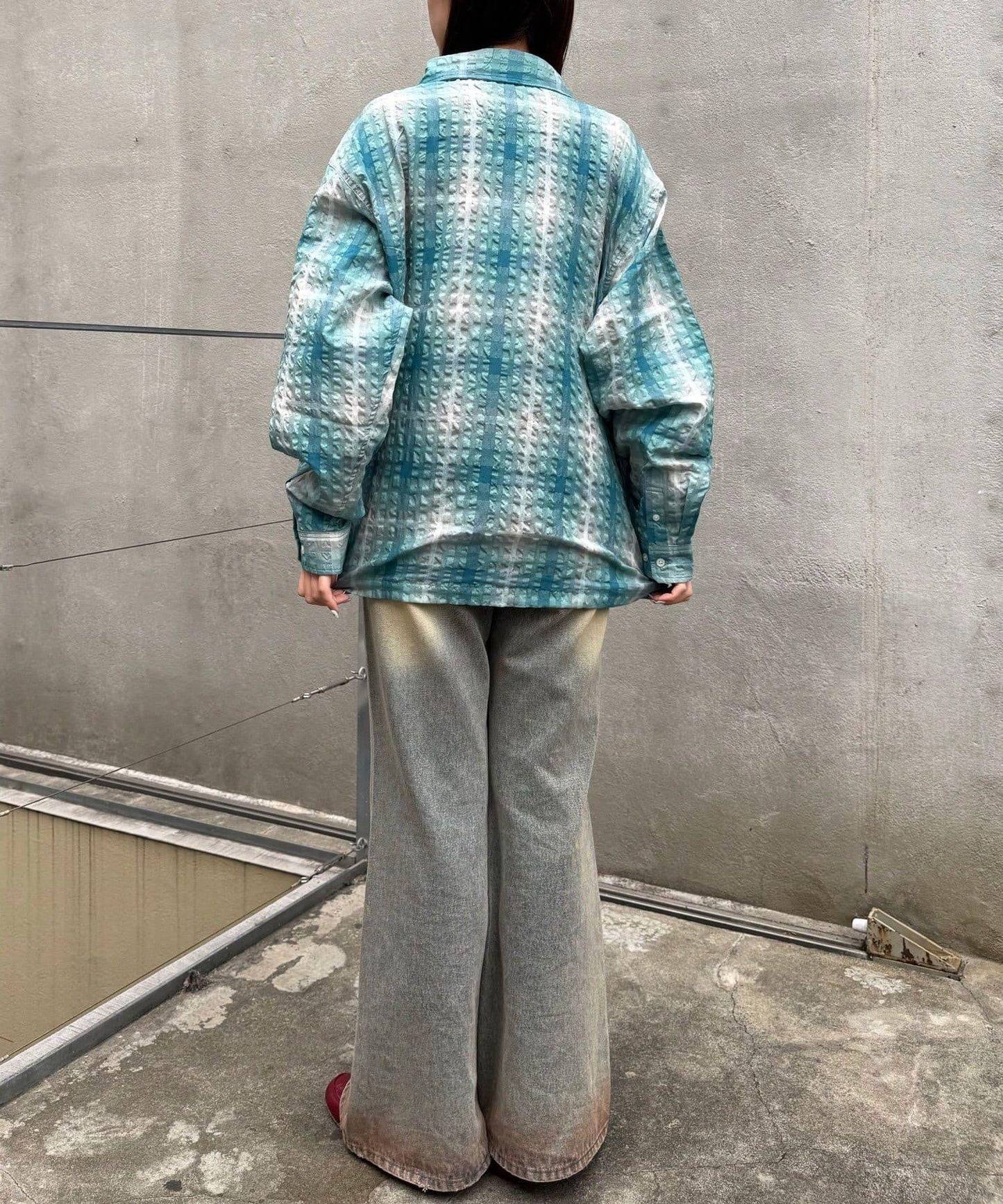 格紋泡泡布長袖襯衫