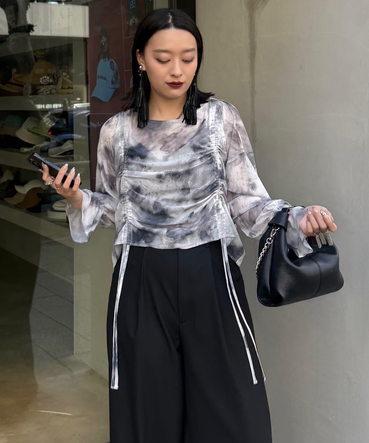 大理石紋印花 喇叭袖 透視上衣