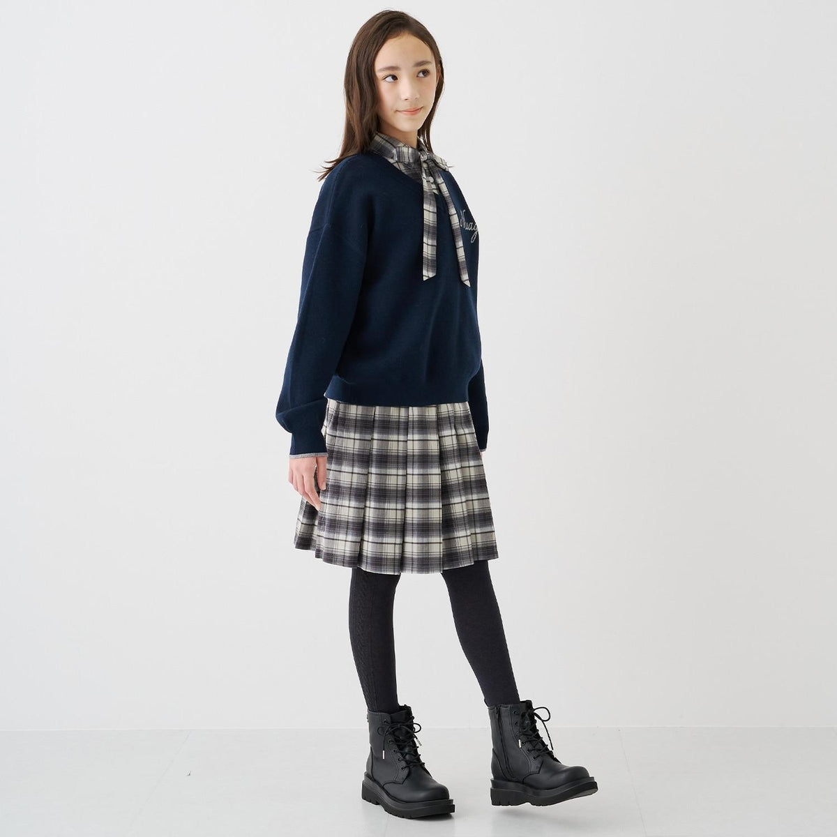 pom ponette junior 兒童 V領針織衫 領結襯衫連衣裙 兩件套