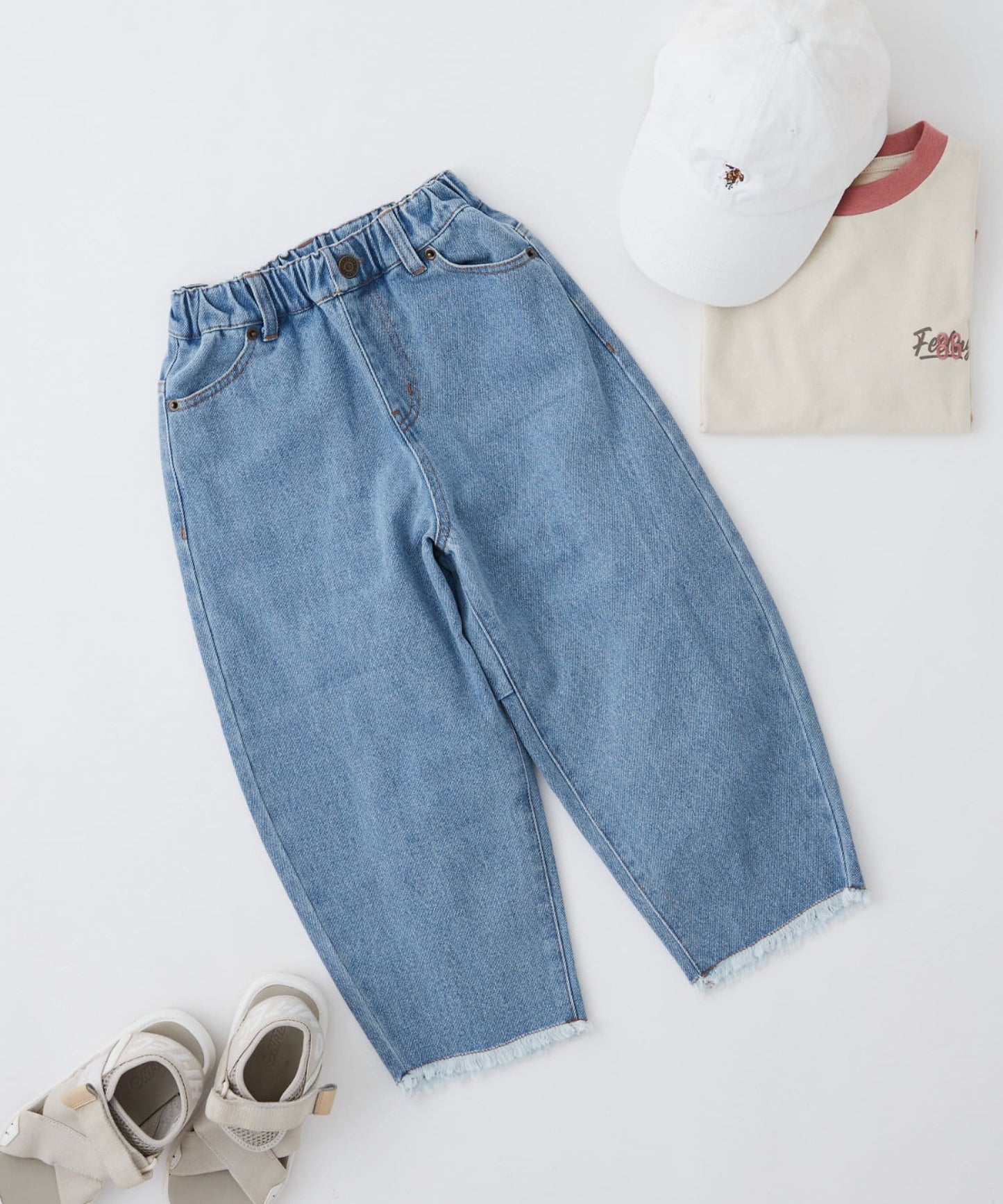 【KIDS】【TYPY DENIM】甘織り裾フリンジカーブデニム 【KIDS】【TYPY DENIM】甜美編織下襬流蘇曲線牛仔褲