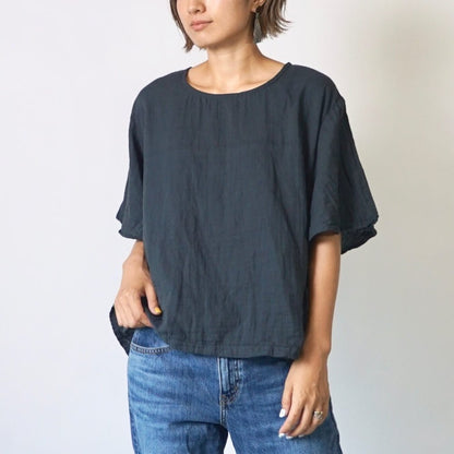 喇叭袖 紗T恤/黑色/三河織物雙層紗布
