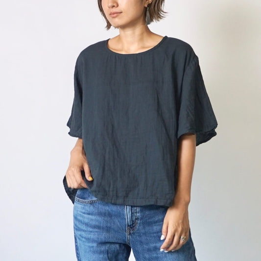 喇叭袖 紗T恤/黑色/三河織物雙層紗布