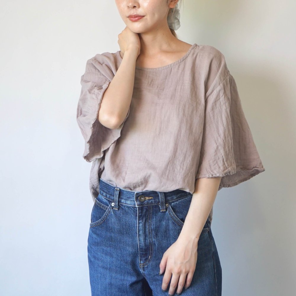 荷葉袖 紗T恤/粉米色/三河織物雙層紗布