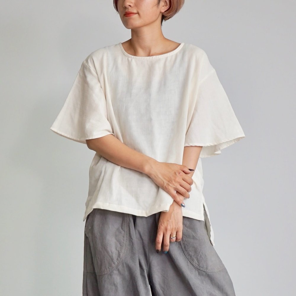 荷葉袖 紗T恤/米白色/三河織物雙層紗布