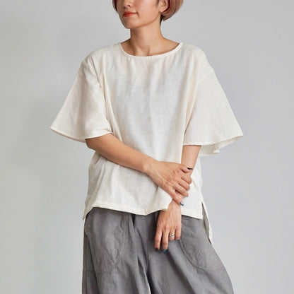 荷葉袖 紗T恤/米白色/三河織物雙層紗布