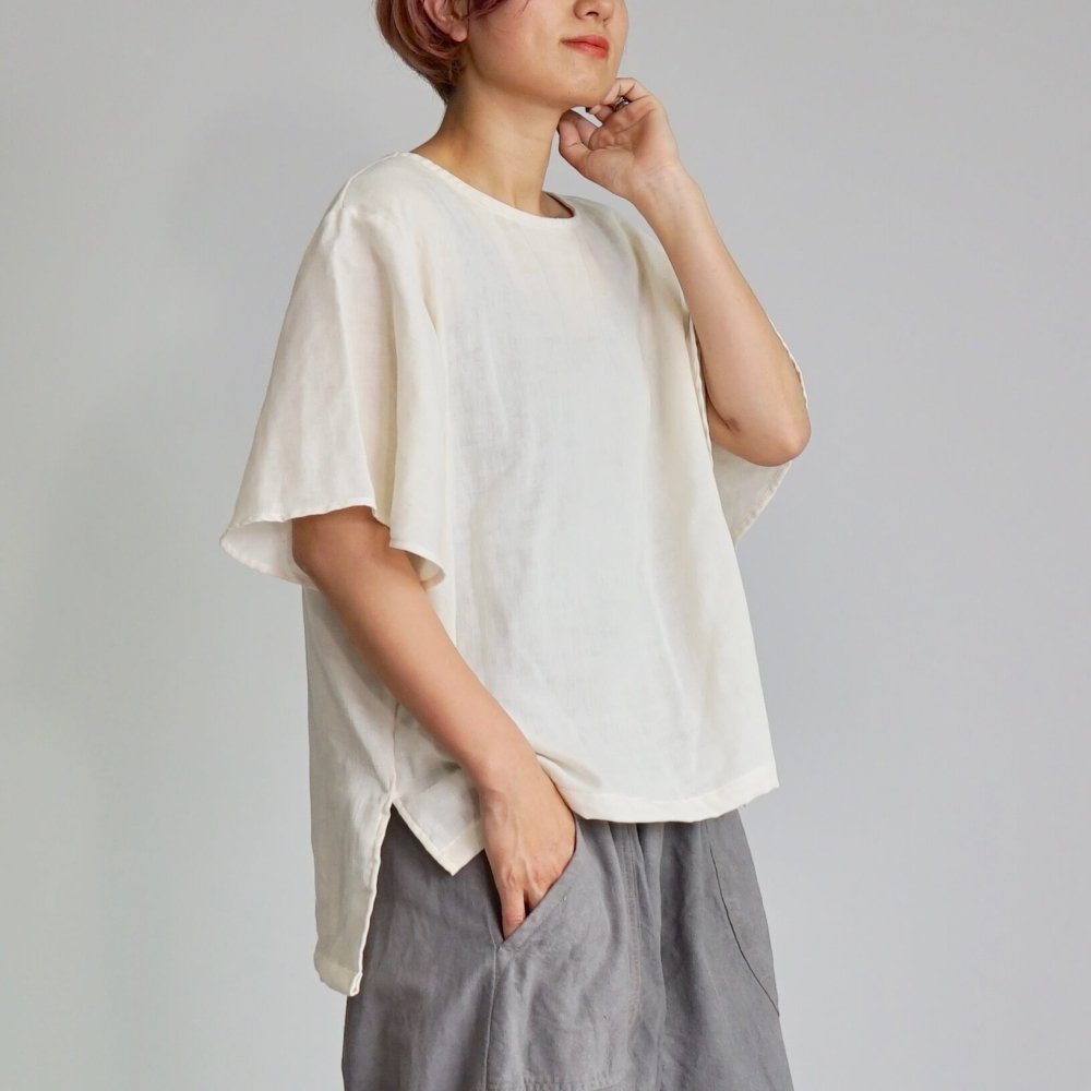 荷葉袖 紗T恤/米白色/三河織物雙層紗布
