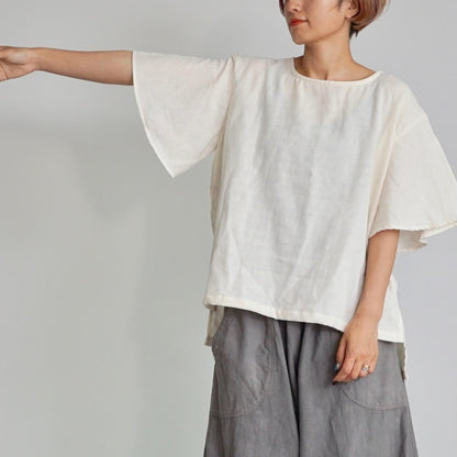 荷葉袖 紗T恤/米白色/三河織物雙層紗布