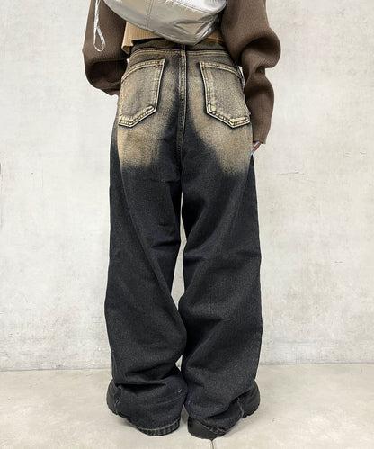斜口袋爆破寬鬆牛仔褲