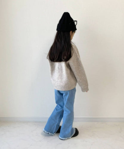 【KIDS】【TYPY DENIM】甘織り裾フリンジフレアデニム 【KIDS】【TYPY DENIM】甜美編織邊緣流蘇喇叭牛仔褲