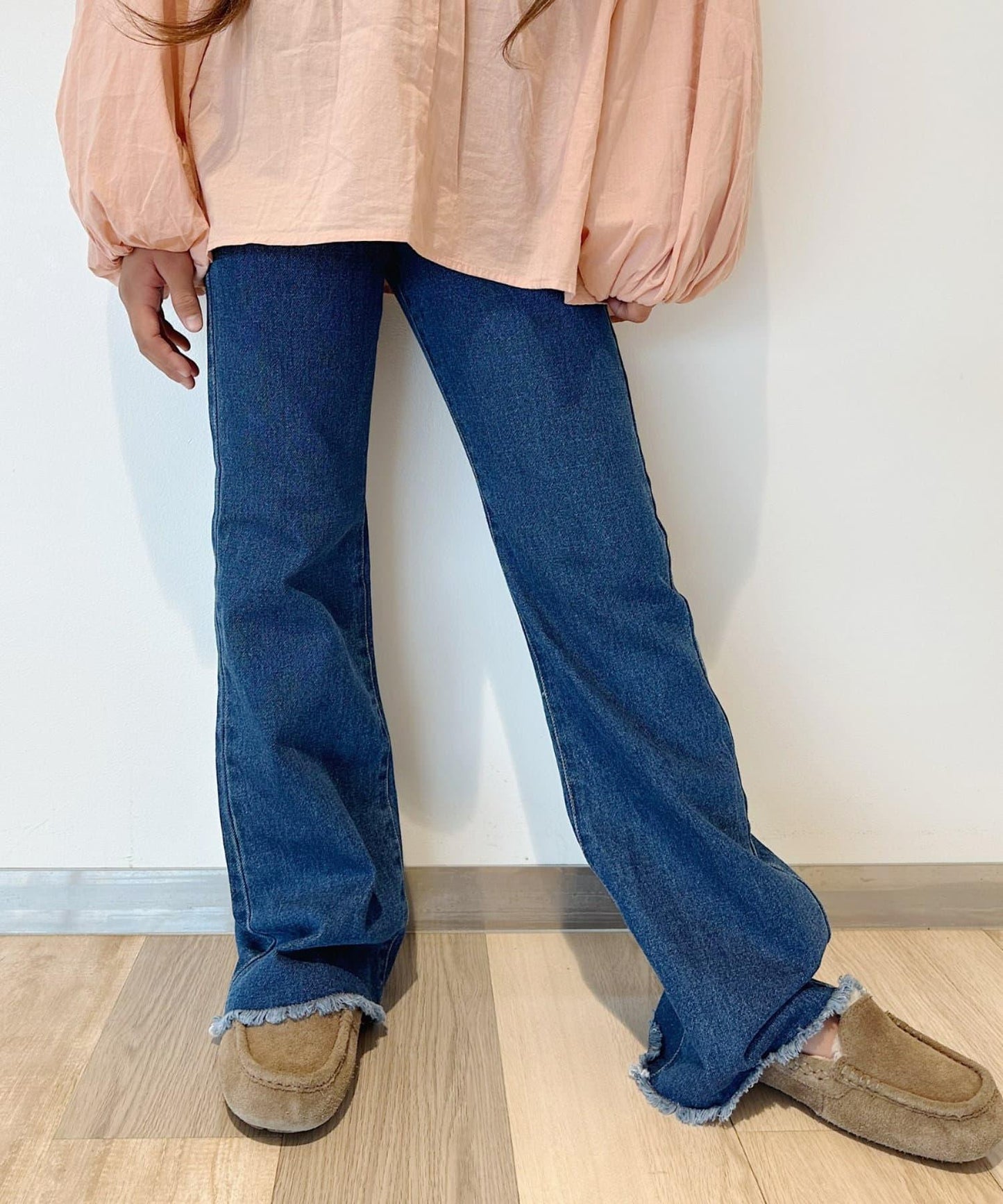 【KIDS】【TYPY DENIM】甘織り裾フリンジフレアデニム 【KIDS】【TYPY DENIM】甜美編織邊緣流蘇喇叭牛仔褲