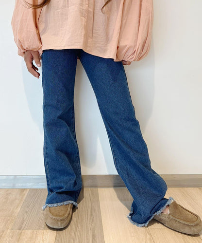 【KIDS】【TYPY DENIM】甘織り裾フリンジフレアデニム 【KIDS】【TYPY DENIM】甜美編織邊緣流蘇喇叭牛仔褲