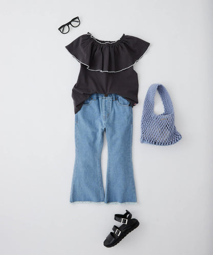 【KIDS】【TYPY DENIM】甘織り裾フリンジフレアデニム 【KIDS】【TYPY DENIM】甜美編織邊緣流蘇喇叭牛仔褲