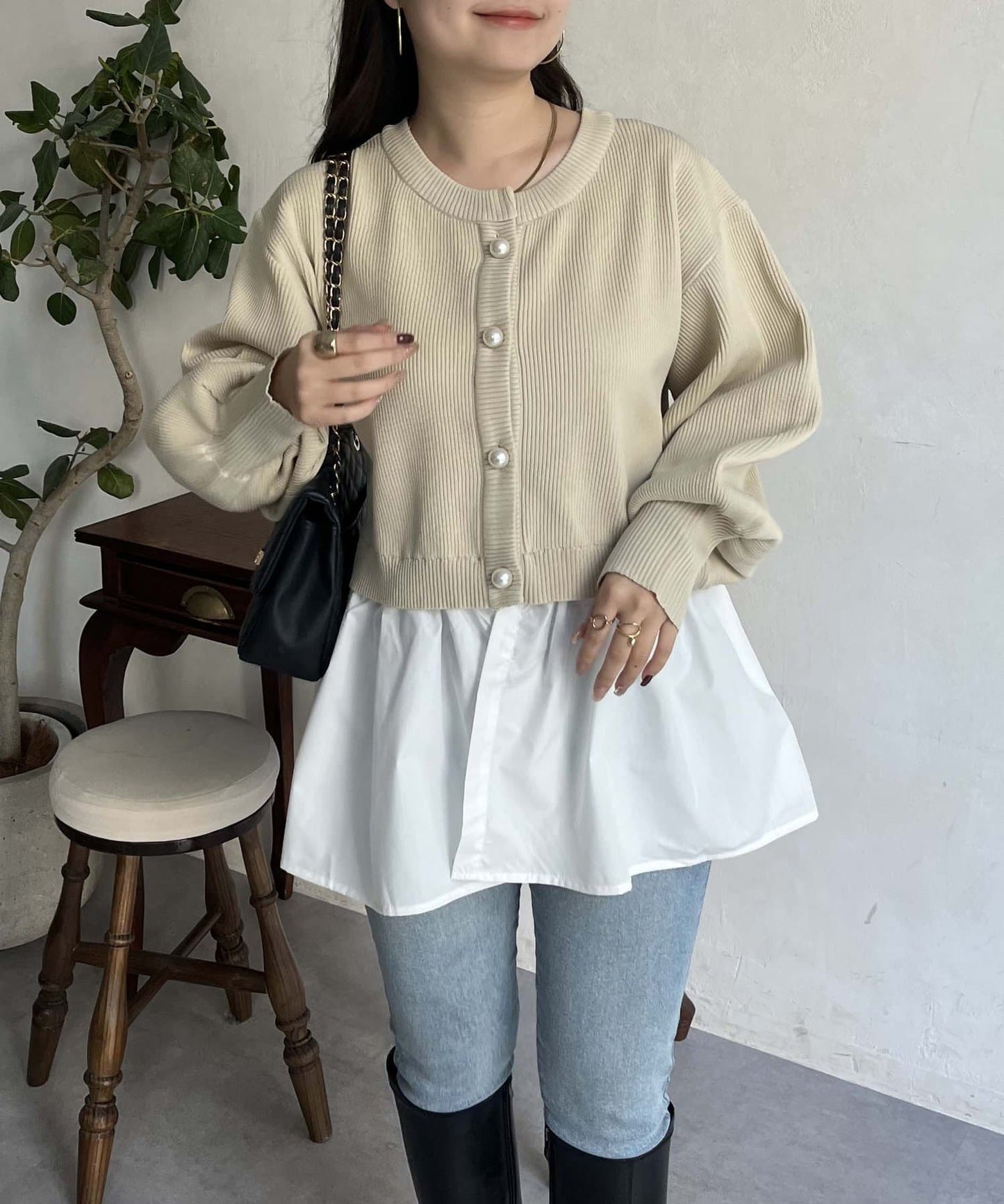 2way珍珠紐扣荷葉邊開衫