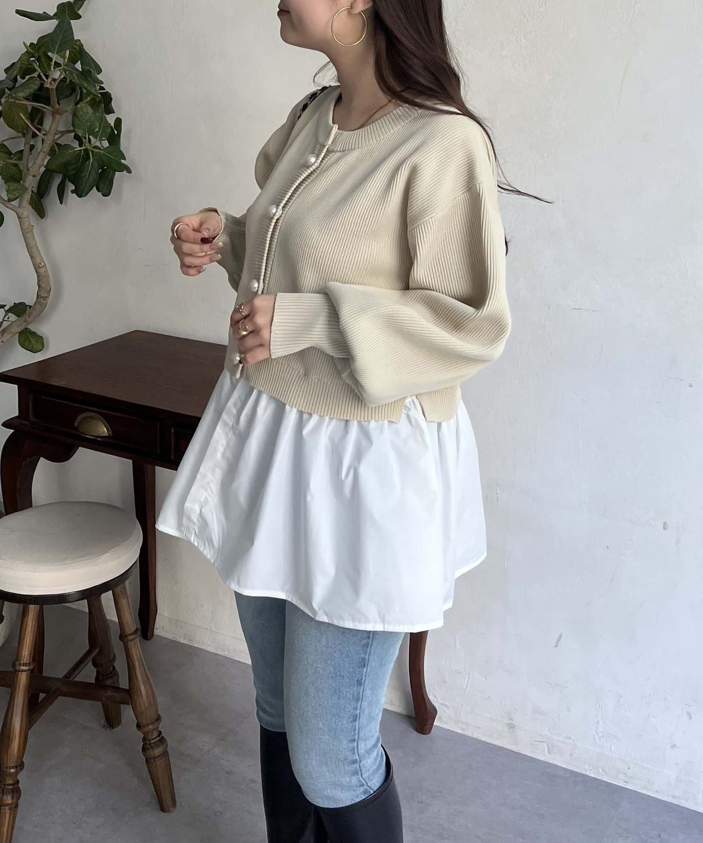 2way珍珠紐扣荷葉邊開衫