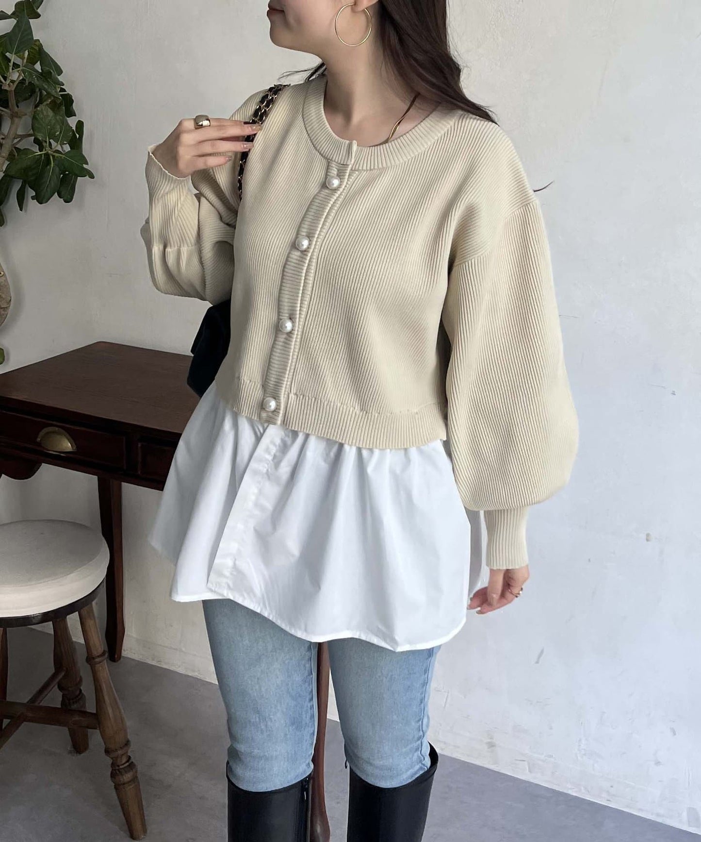 2way珍珠紐扣荷葉邊開衫