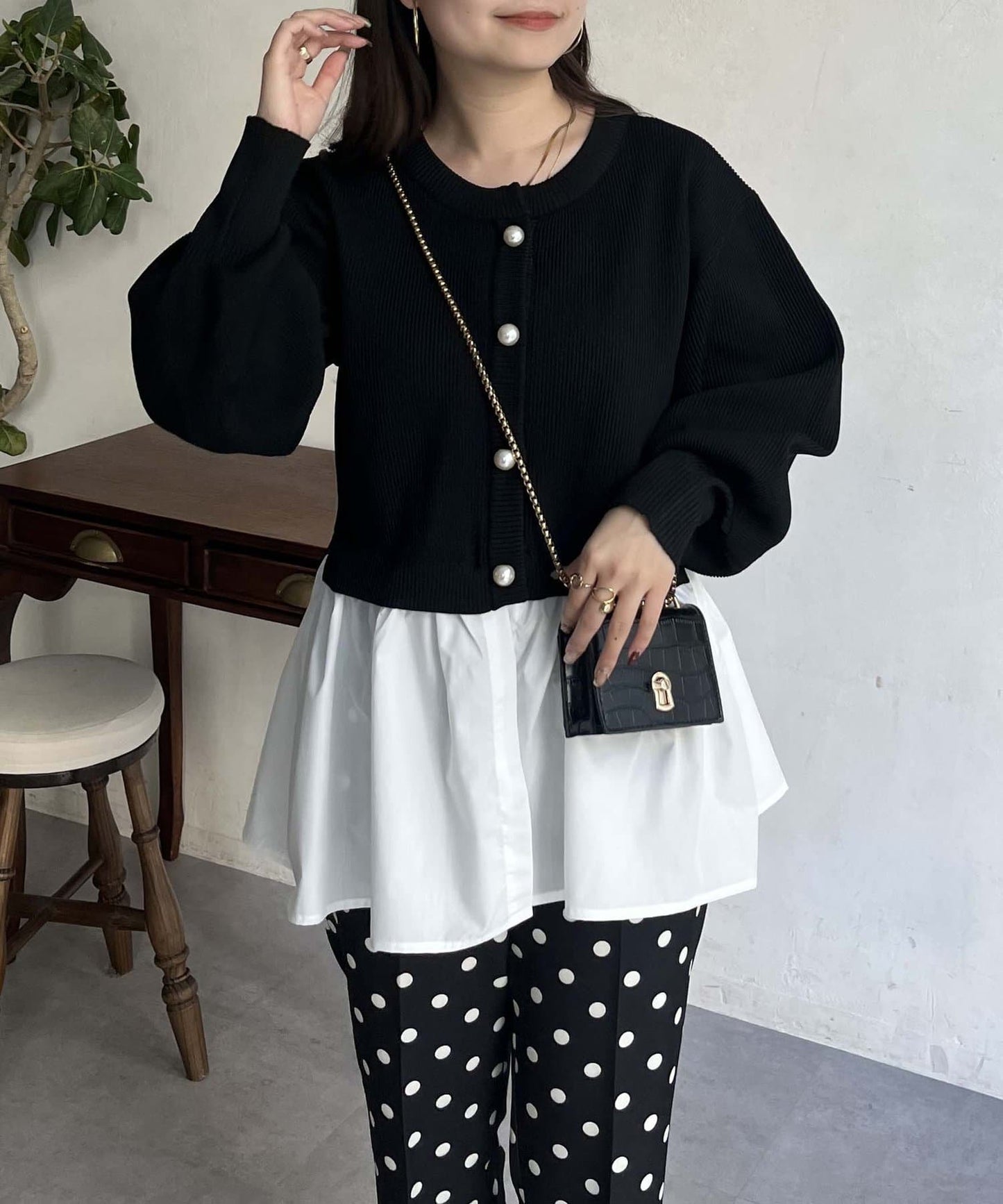 2way珍珠紐扣荷葉邊開衫