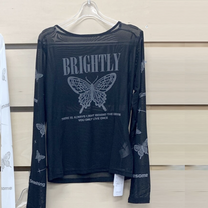 蝴蝶 蝴蝶 紗網透視 上衣 黑色 (CT7034BK)