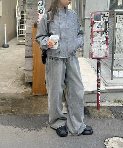 斜口袋爆破寬鬆牛仔褲