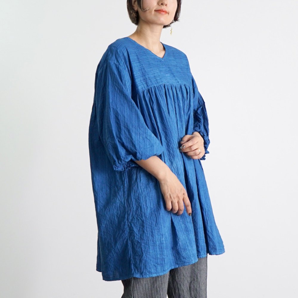 2way氣球袖連衣裙/藍色/交織條紋