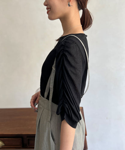 半透明亞麻袖子聚攏上衣