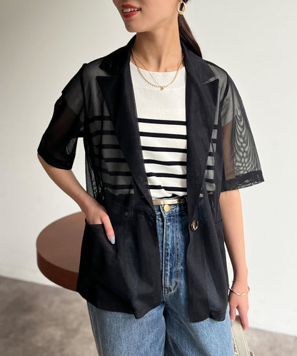 5分袖網眼西裝外套