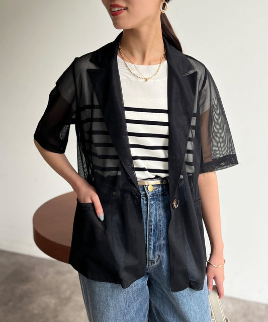 5分袖網眼西裝外套