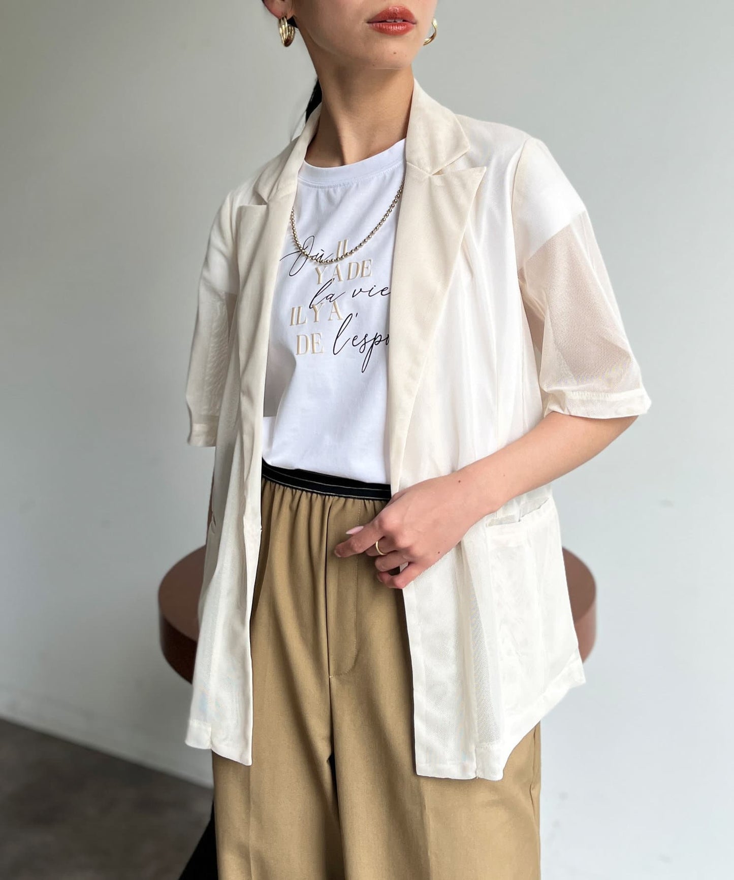 5分袖網眼西裝外套