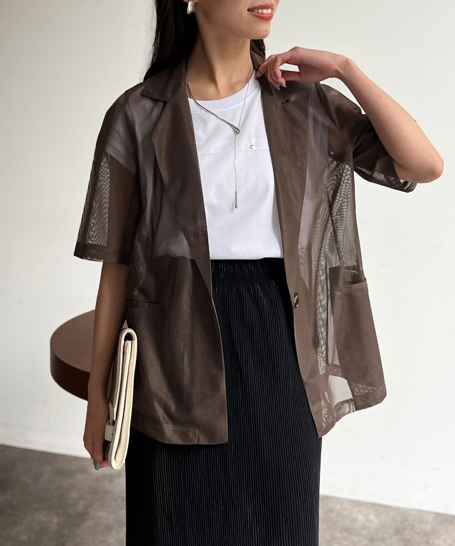 5分袖網眼西裝外套