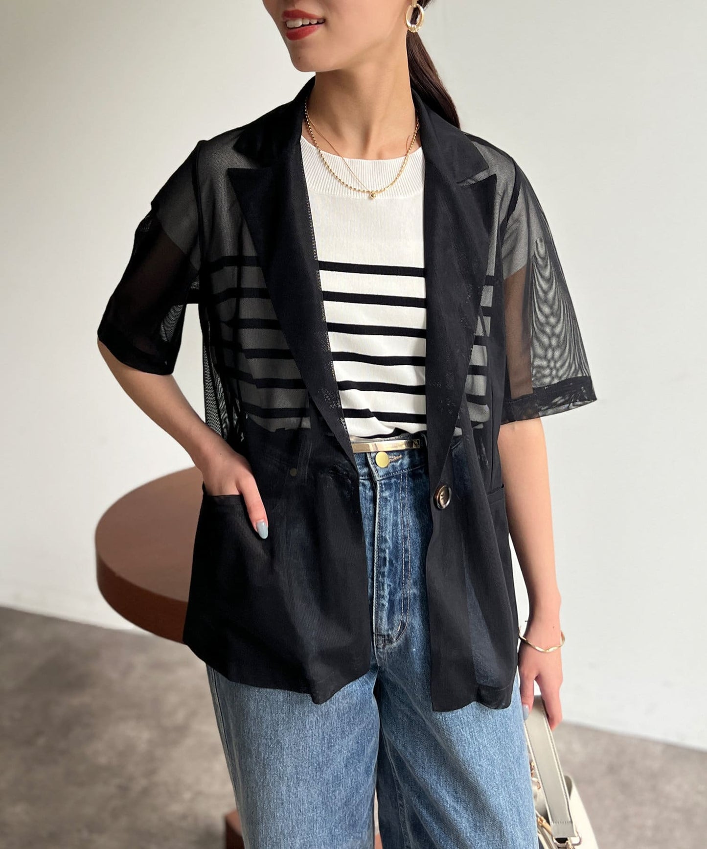 5分袖網眼西裝外套