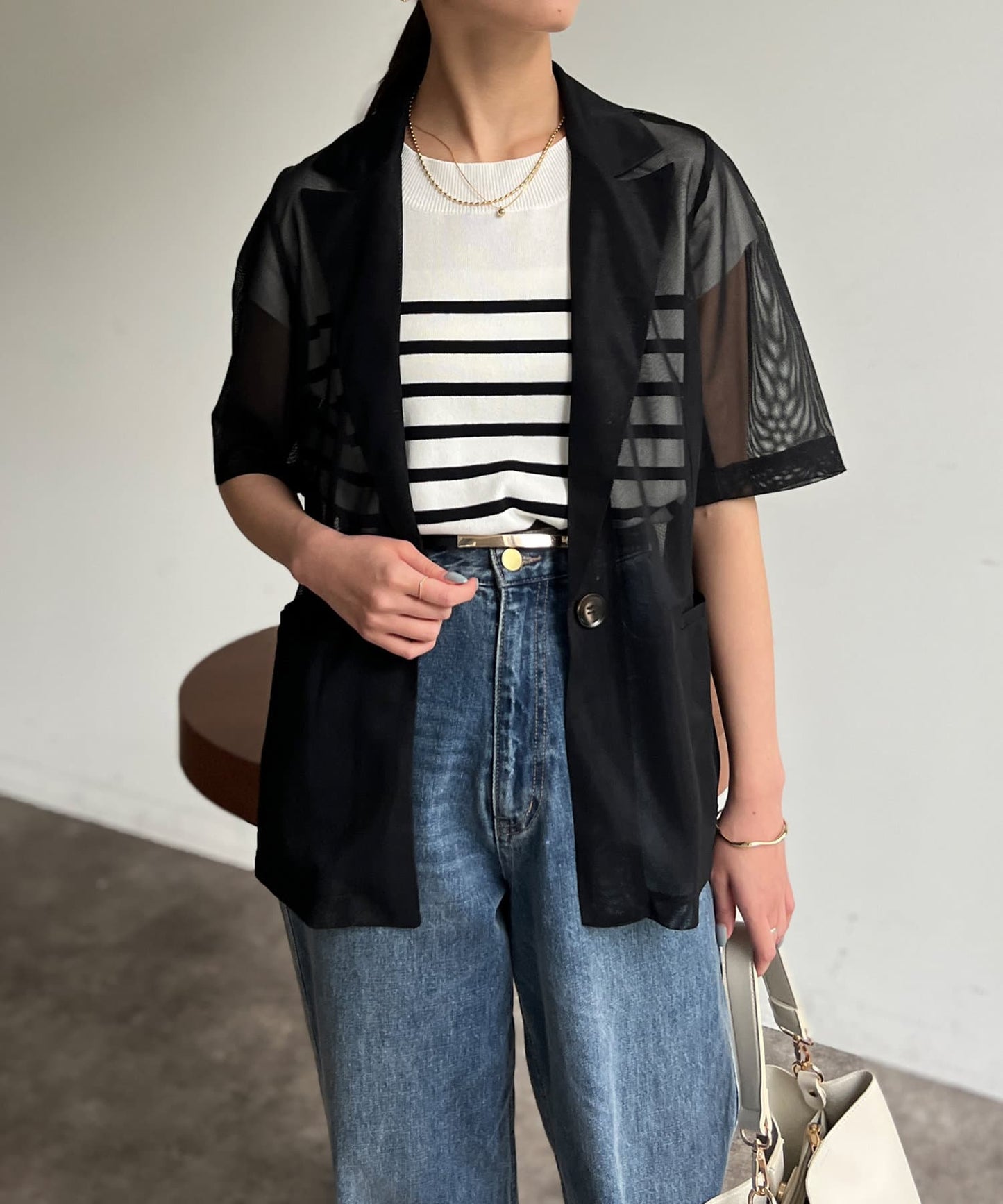 5分袖網眼西裝外套