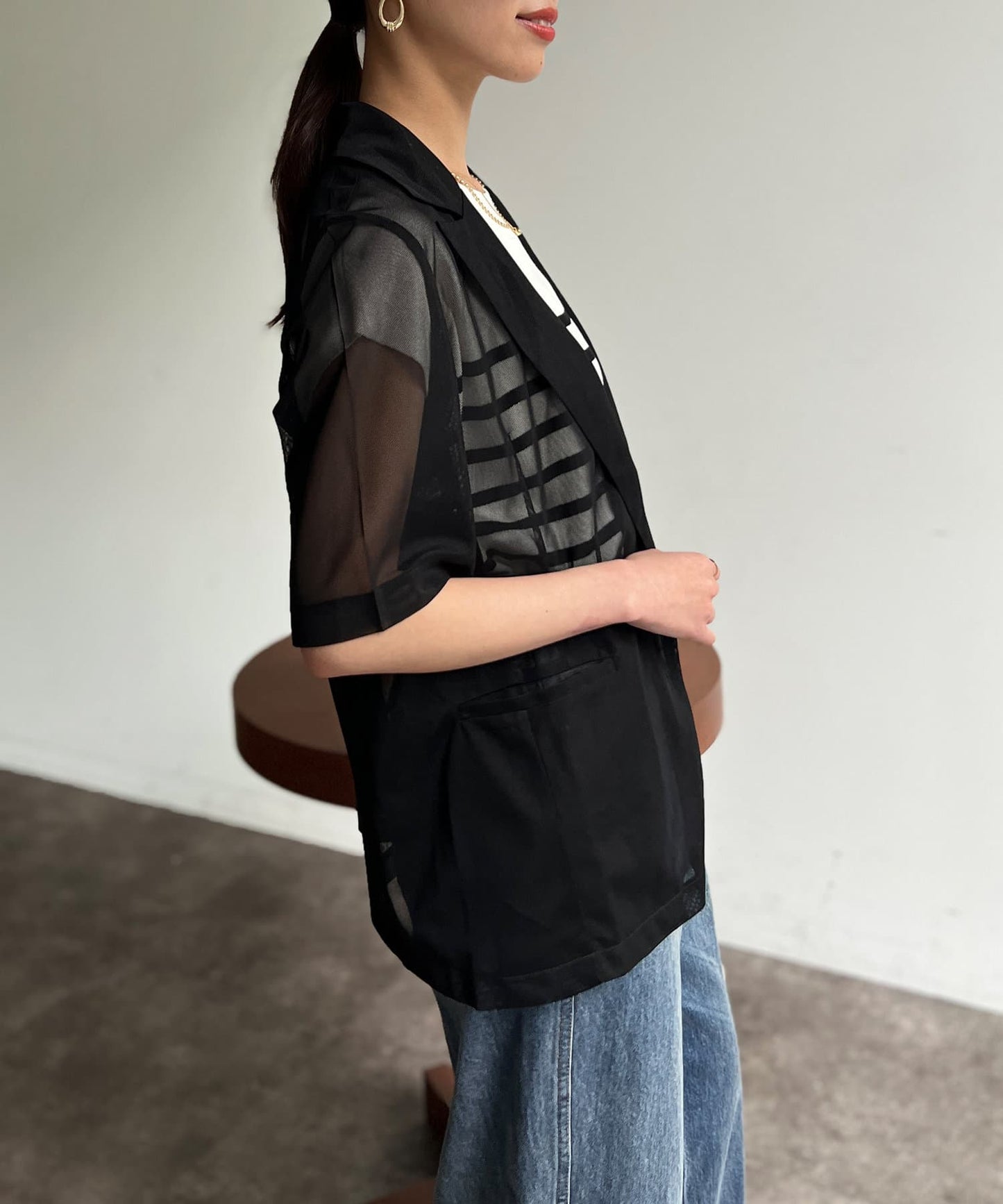 5分袖網眼西裝外套