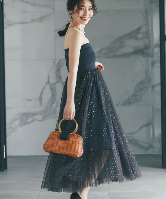 2WAY閃光圓點蕾絲露肩連衣裙