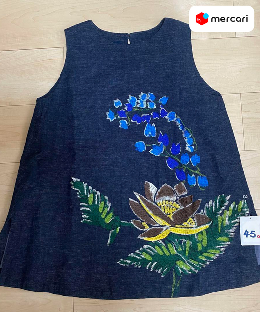 45R ギマアロハ刺繍キャミソール (インディゴ) チュニック ギマツイード (新品、未使用)