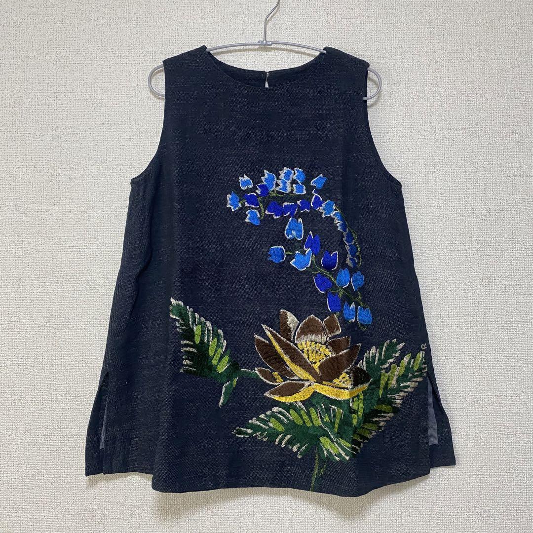 45R ギマアロハ刺繍キャミソール (インディゴ) チュニック ギマツイード (新品、未使用)