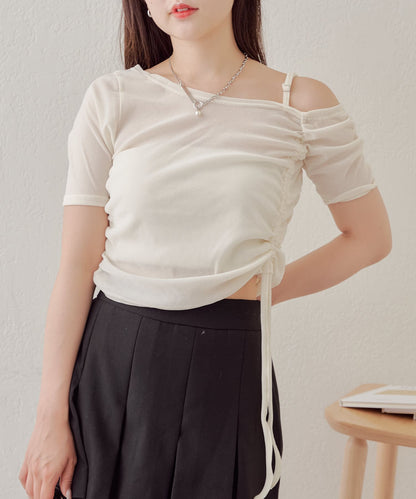 5分袖單肩領吊帶長T恤