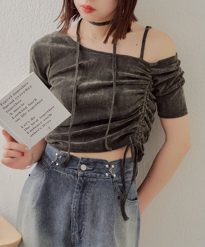 5分袖單肩領吊帶長T恤