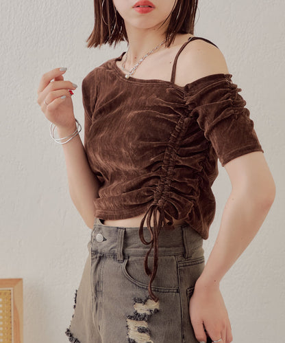 5分袖單肩領吊帶長T恤