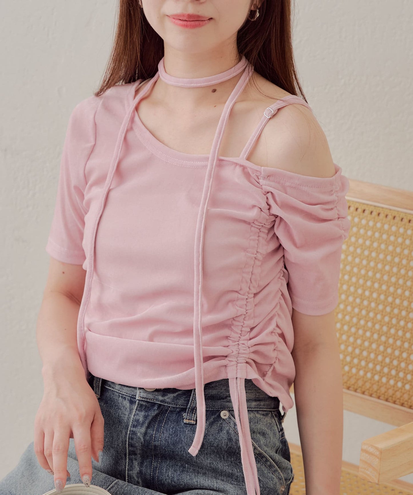 5分袖單肩領吊帶長T恤