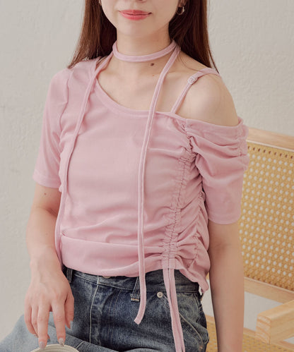 5分袖單肩領吊帶長T恤