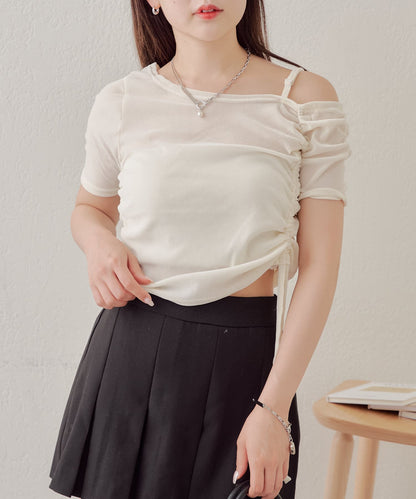 5分袖單肩領吊帶長T恤